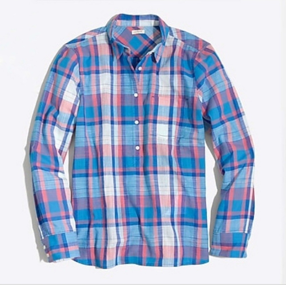 J Crew Factory Plaid Blue Popover Shirt XS